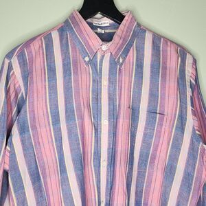 Vintage Saks‎ Fifth Avenue Mens Large Cotton Striped Button Down Shirt Pink Blue